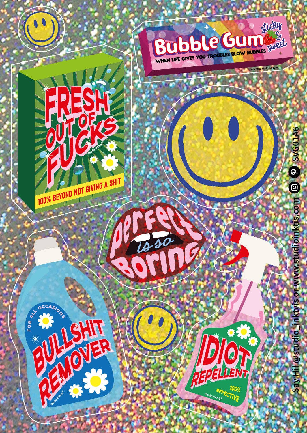 Studio Inktvis B.V. - Glitterstickervel – Smiley & Sarcastische Uitspraken