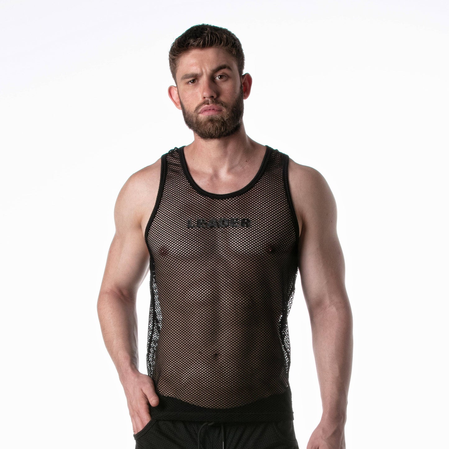 LEADER - Mesh tanktop zwart met zwarte details: M