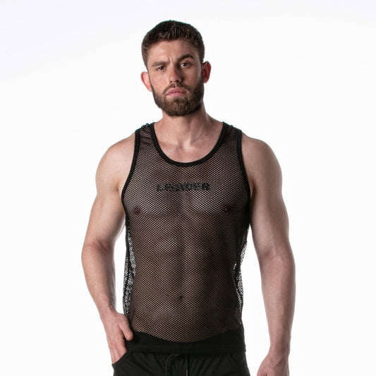 LEADER - Mesh tanktop zwart met zwarte details: M