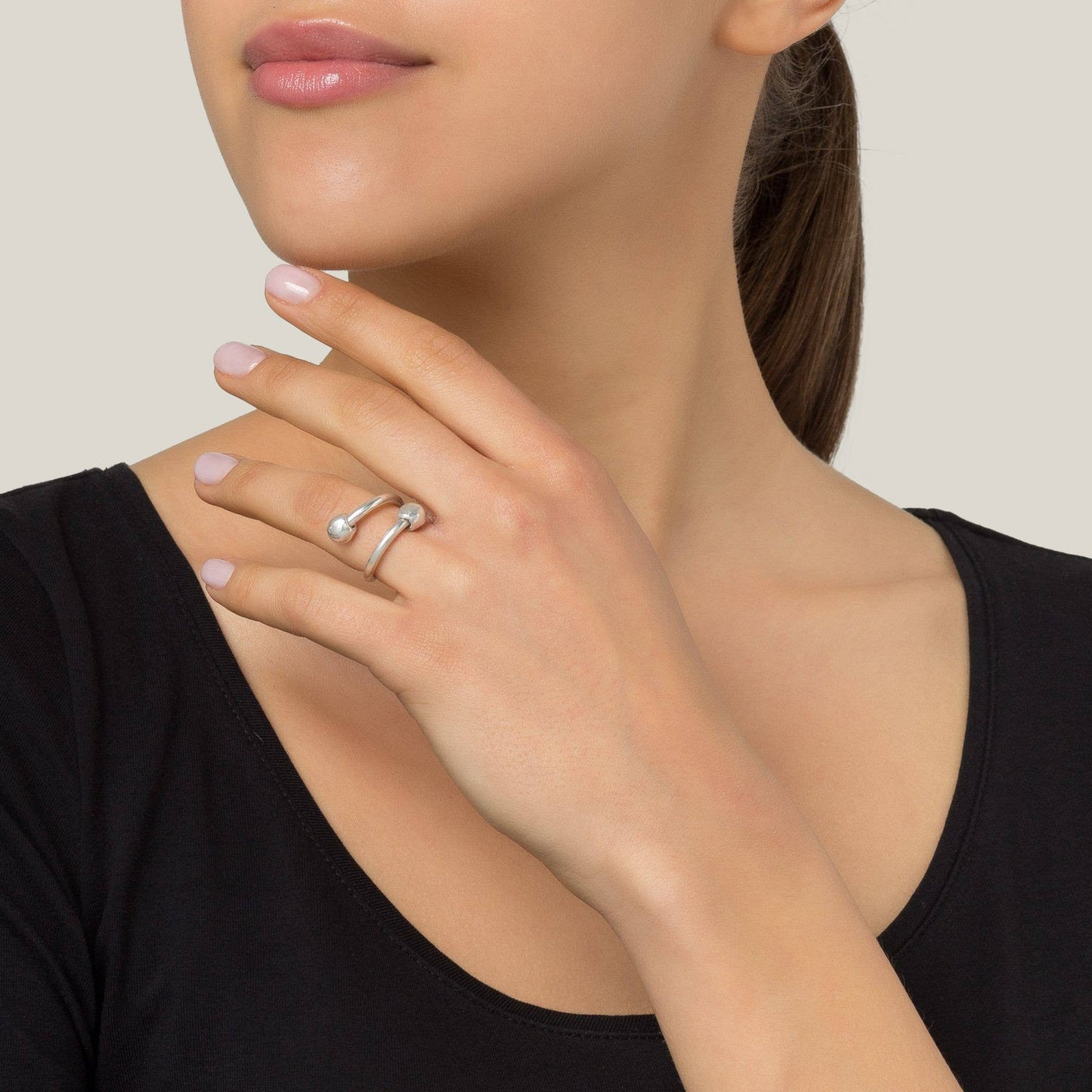 Gloria Mago - Messing ring met dubbele bol, verzilverd met 925 sterling zilver