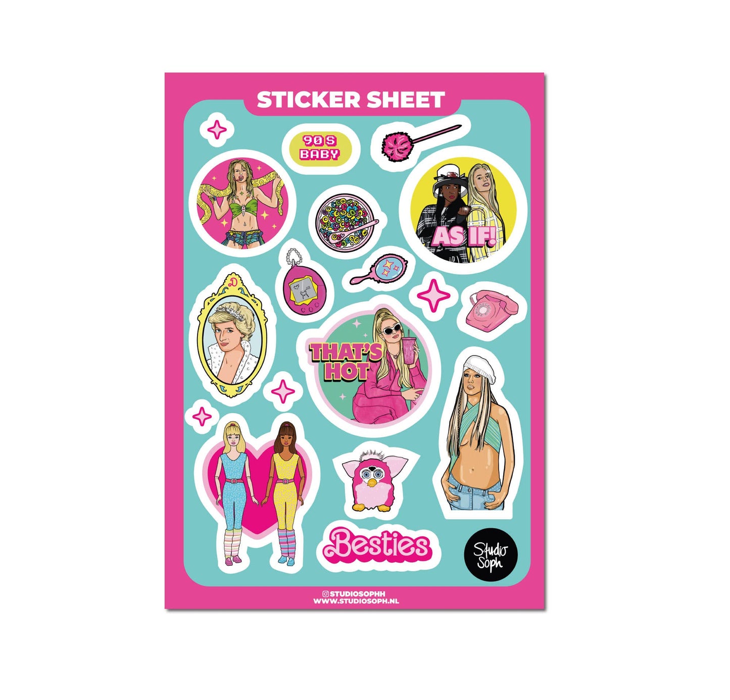 Studio Soph (We Pay Your Import Fees - We Ship DDP) - 90's Girl Clueless, Britney, Paris Hilton A5 stickervel: Verpakt met plastic hoesje