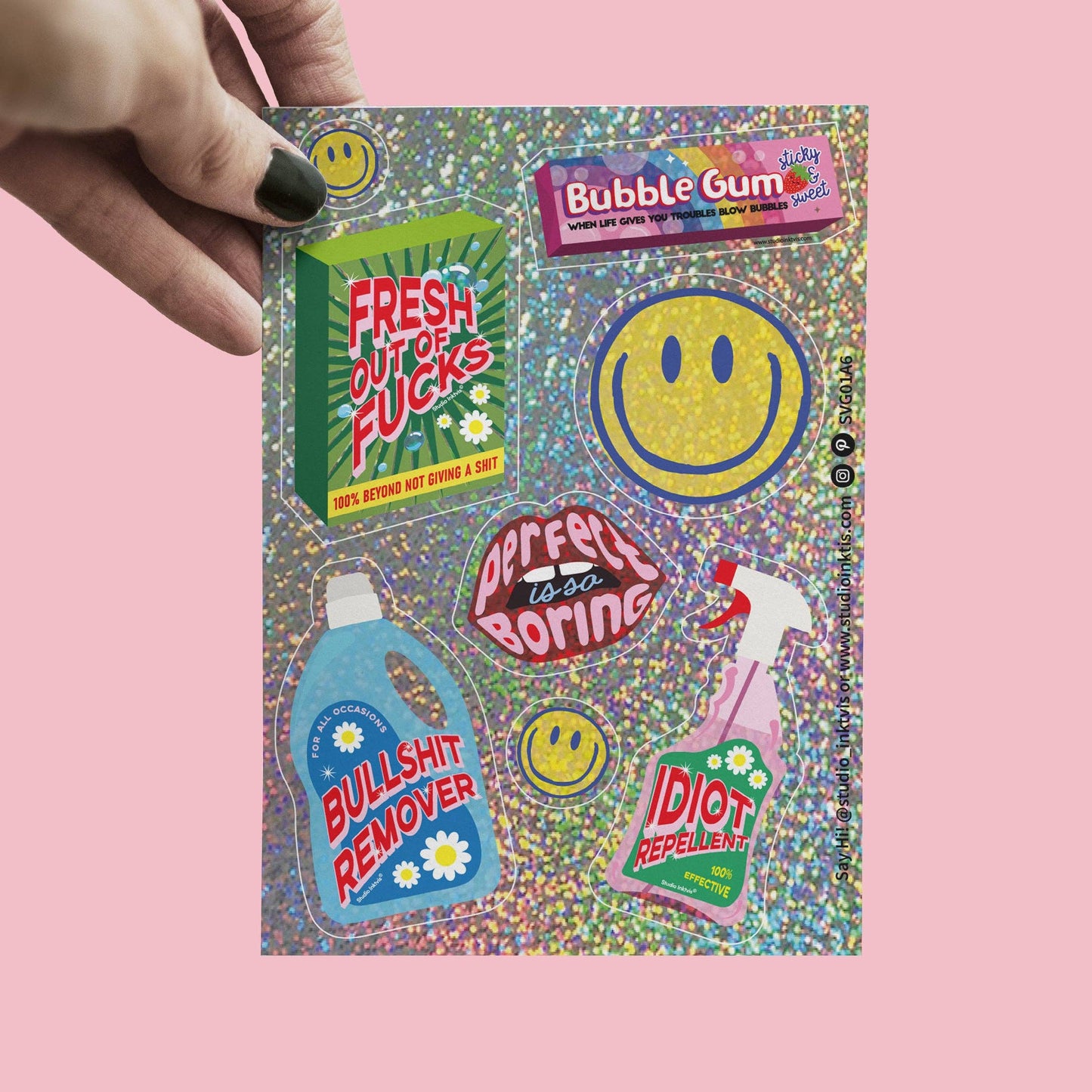 Studio Inktvis B.V. - Glitterstickervel – Smiley & Sarcastische Uitspraken