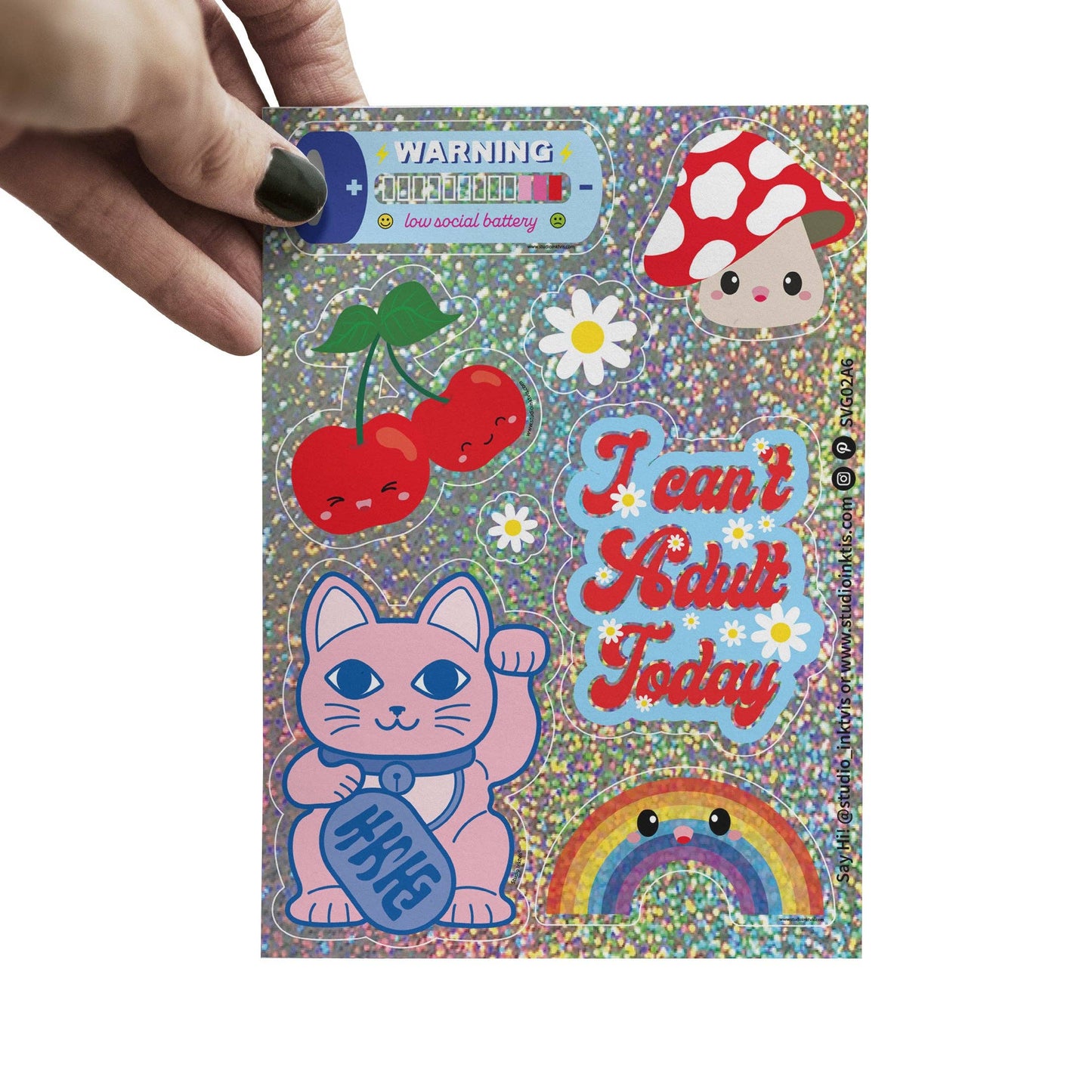 Studio Inktvis B.V. - Glitterstickervel Maneki Neko, bloemen en meer