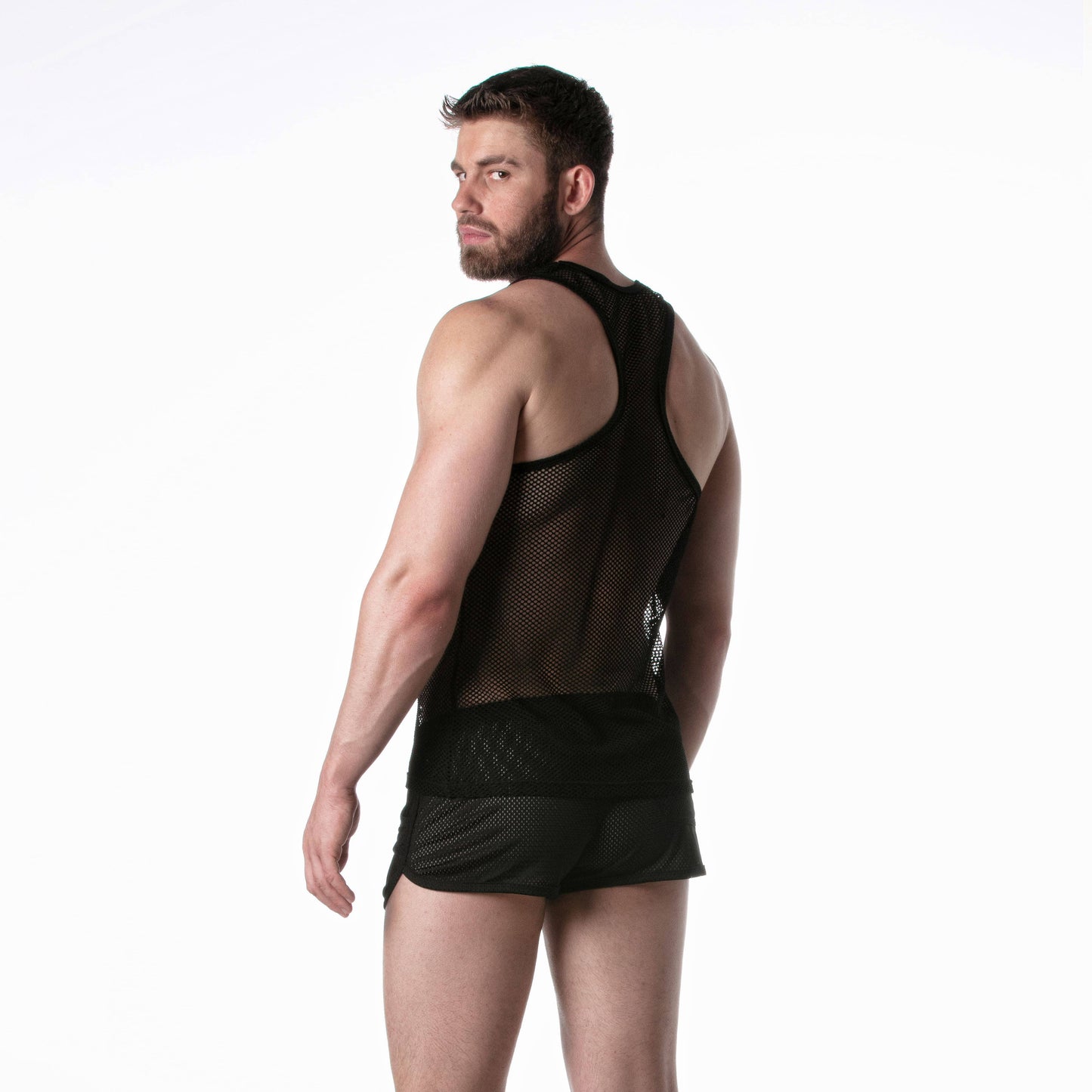 LEADER - Mesh tanktop zwart met zwarte details: XL