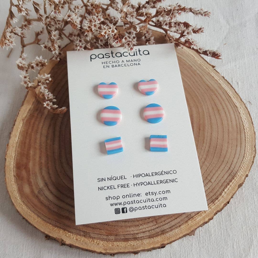 PASTACUITA - Transgender pride oorstekers, handgemaakt met liefde: 3 verschillende paren / Roestvrij staal, polymeerklei