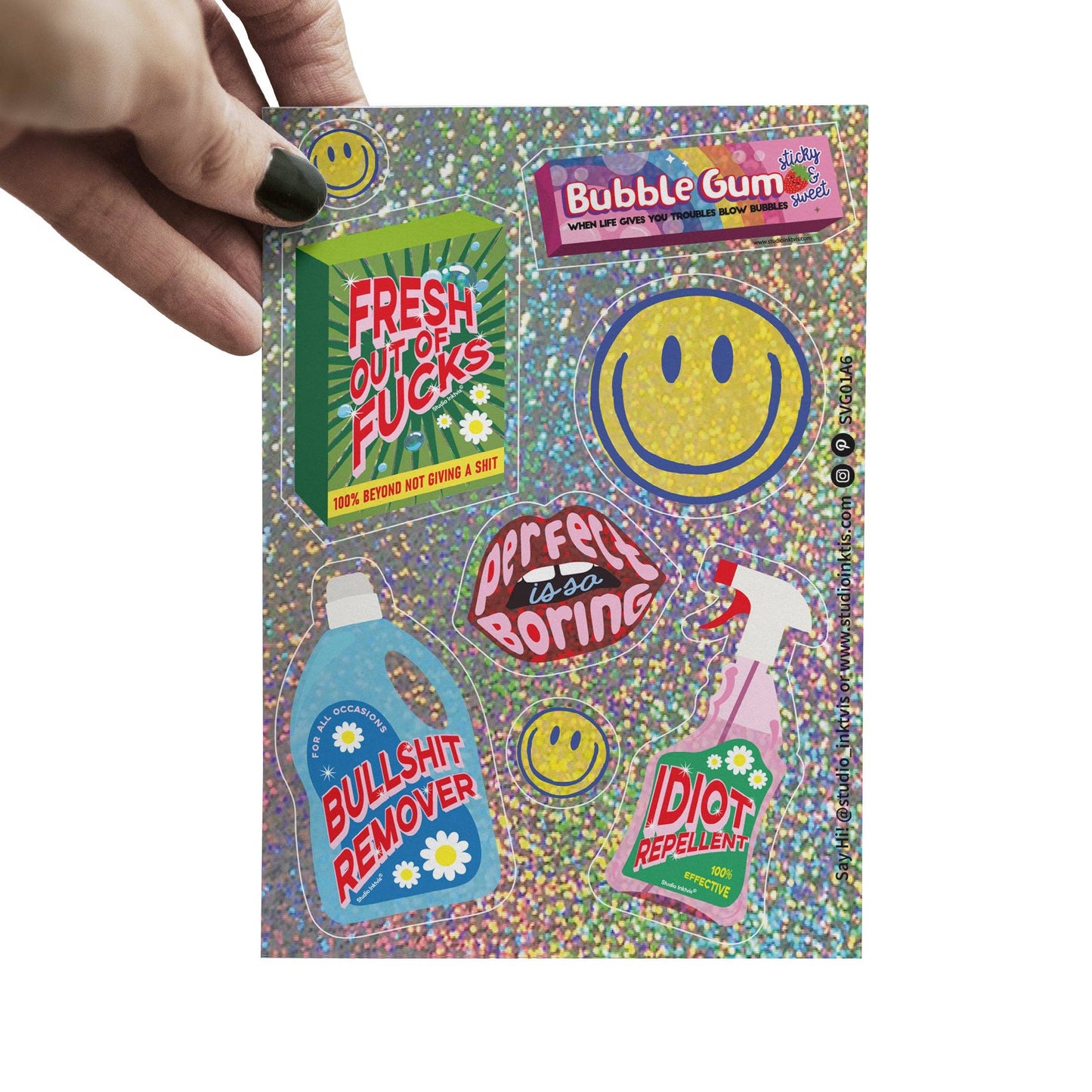 Studio Inktvis B.V. - Glitterstickervel – Smiley & Sarcastische Uitspraken
