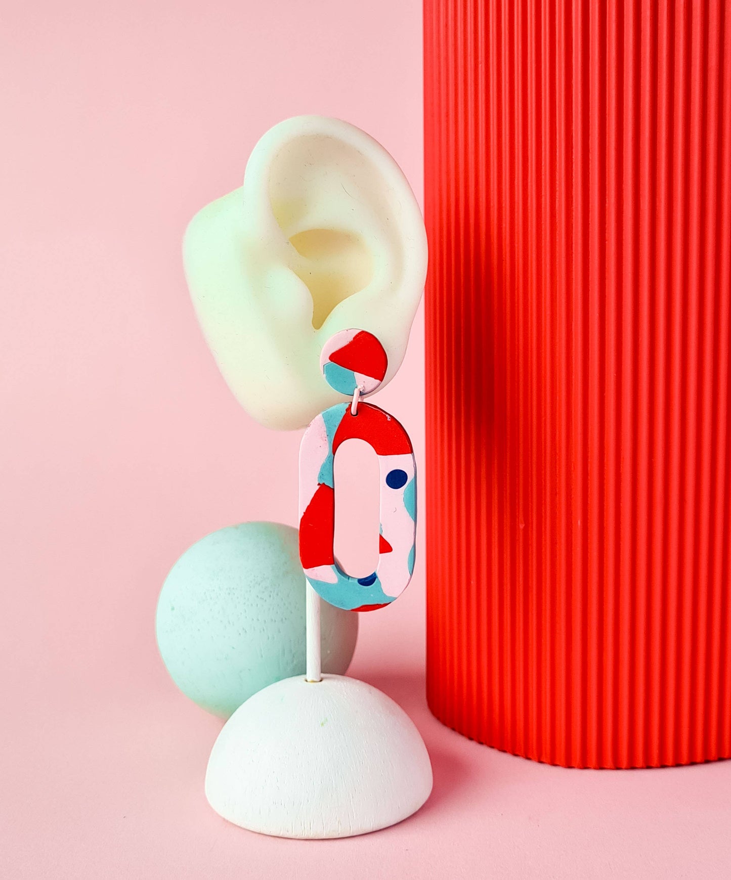 Mono - Mintgroene, rode en roze handgemaakte oorbellen van polymer klei: 2