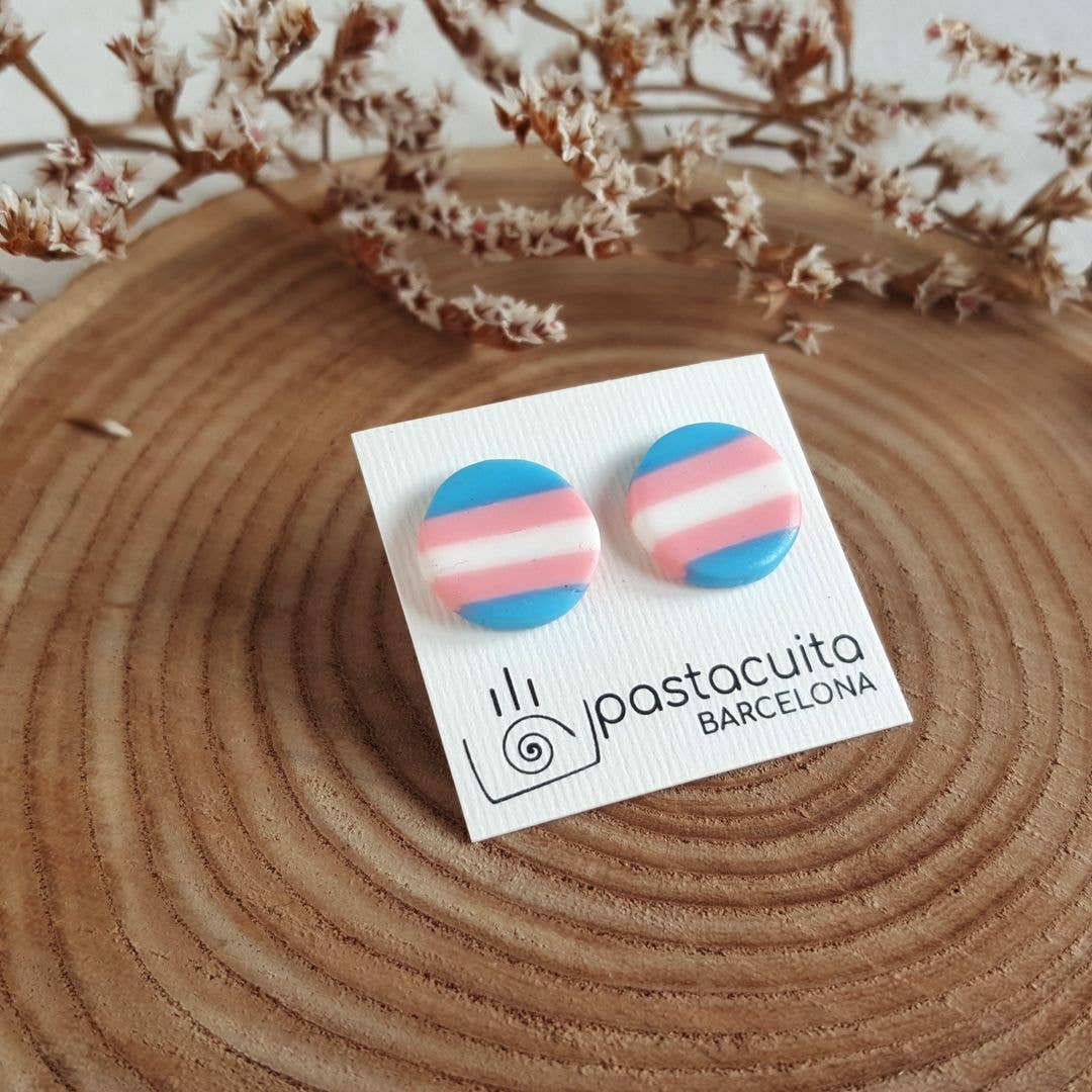 PASTACUITA - Transgender pride oorstekers, handgemaakt met liefde: Rond 12 mm / Roestvrij staal, polymeerklei