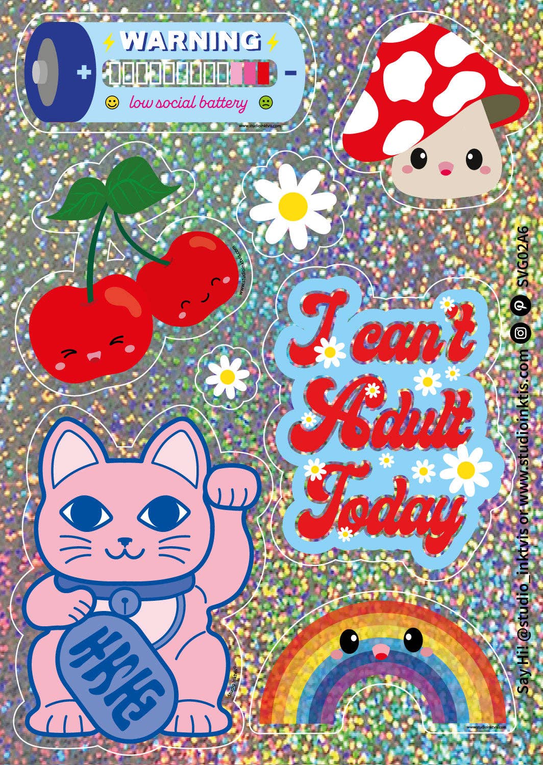 Studio Inktvis B.V. - Glitterstickervel Maneki Neko, bloemen en meer