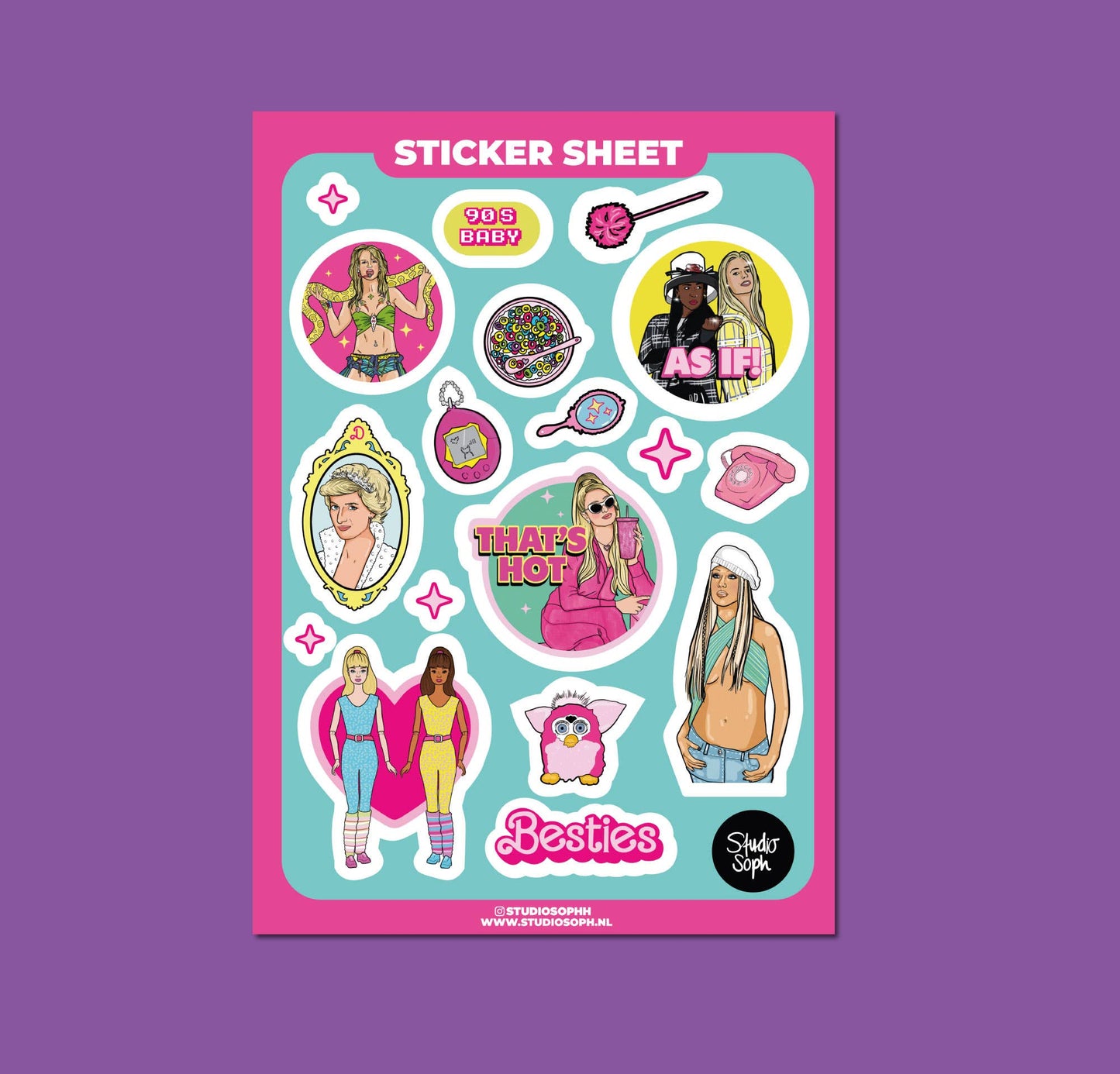 Studio Soph (We Pay Your Import Fees - We Ship DDP) - 90's Girl Clueless, Britney, Paris Hilton A5 stickervel: Verpakt met plastic hoesje