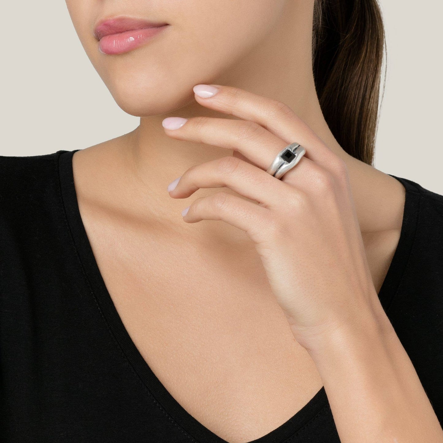 Gloria Mago - Zwart Swarovski-ring zilver 925 verguld T16