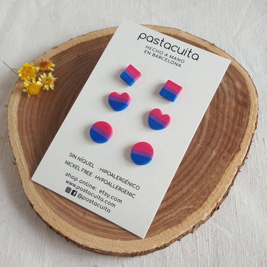 PASTACUITA - Biseksuele pride LGBT oorknopjes van polymer klei: 3 verschillende paren / Roestvrij staal, polymeerklei