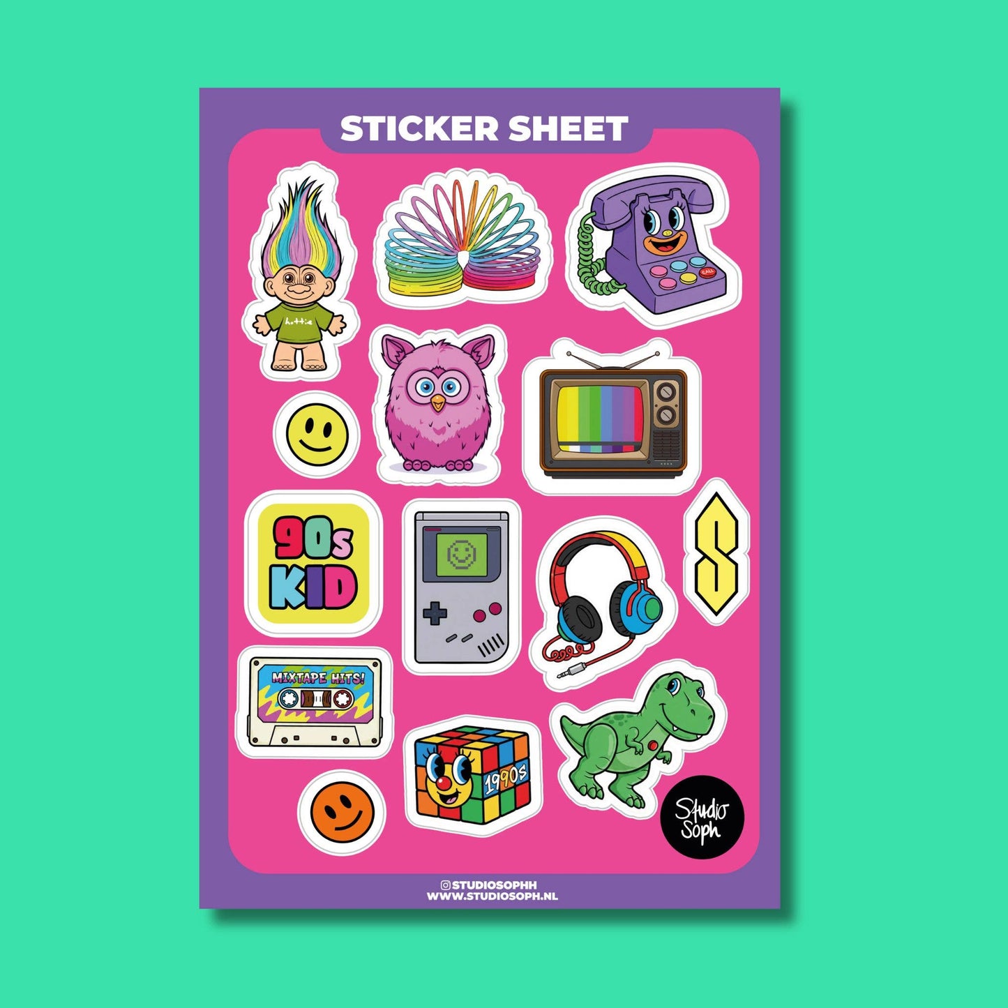 Studio Soph (We Pay Your Import Fees - We Ship DDP) - 90s-kid A5-stickervel: Verpakt met plastic hoesje