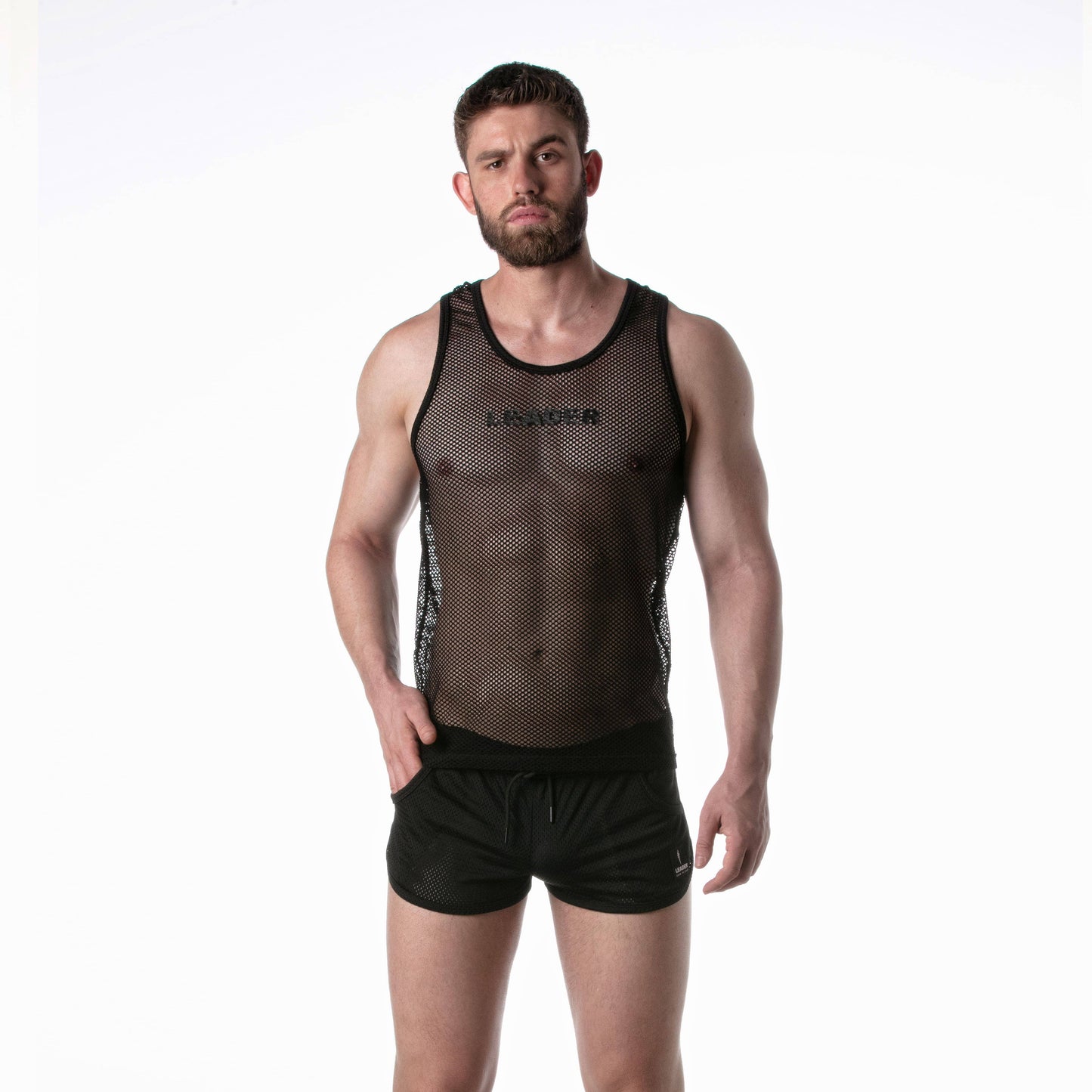 LEADER - Mesh tanktop zwart met zwarte details: L