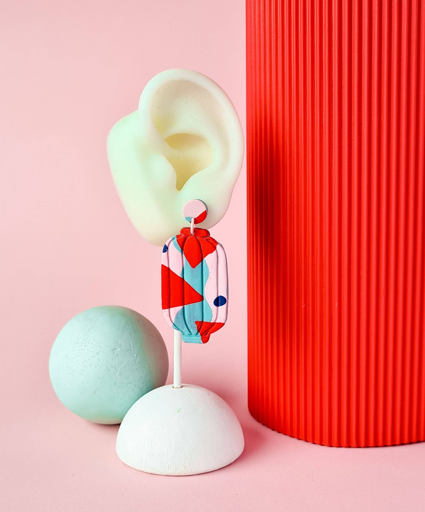 Mono - Mintgroene, rode en roze handgemaakte oorbellen van polymer klei: 2