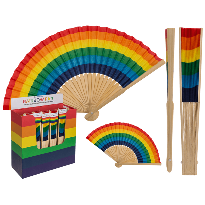 Out of the blue KG - Bamboe waaier met regenboogprint, ca. 21 cm