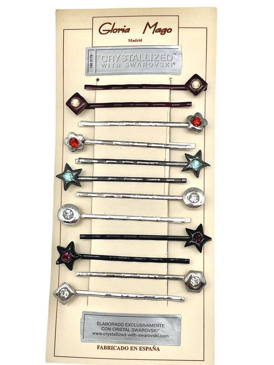 Gloria Mago - Pakket van 12 assorti haarspelden met SW-kristallen. Figuren en kleuren