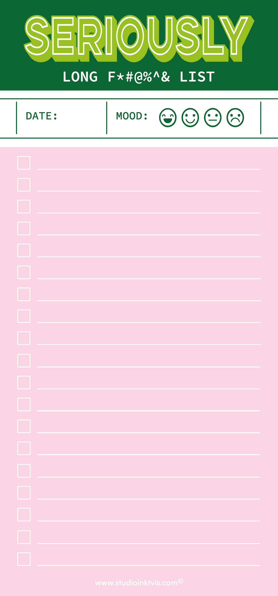 Studio Inktvis B.V. - Groen-roze grappig notitieblokje 'Seriously long funking to do list'