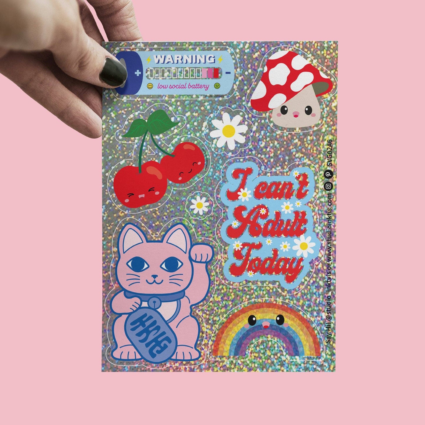 Studio Inktvis B.V. - Glitterstickervel Maneki Neko, bloemen en meer