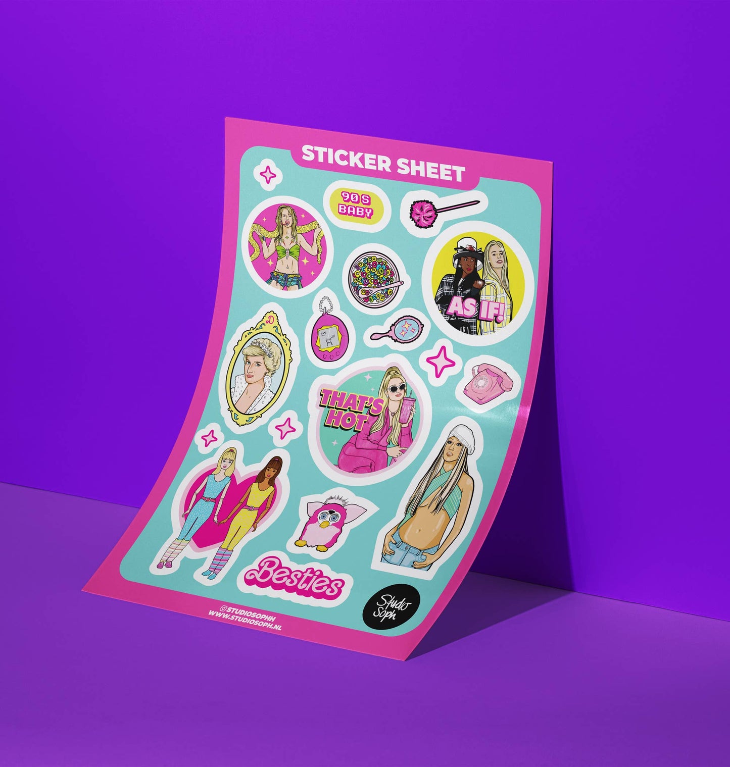Studio Soph (We Pay Your Import Fees - We Ship DDP) - 90's Girl Clueless, Britney, Paris Hilton A5 stickervel: Verpakt met plastic hoesje
