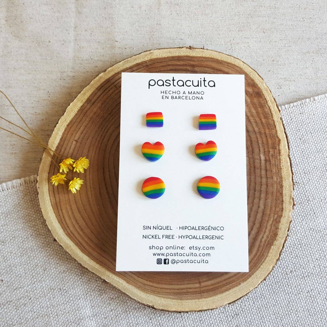PASTACUITA - Regenboog Pride LGBT oorstekers van polymeerklei: Rainbow 3 verschillende paren / Roestvrij staal, polymeerklei